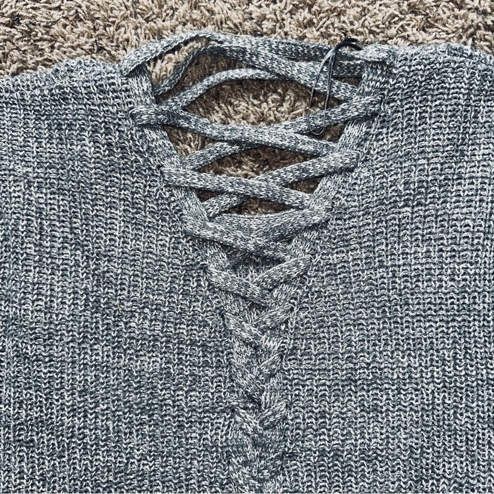 Gray Criss Cross Back Women's Sweater Heavy Warm Thick Large Neutral L Top - Picture 5 of 7